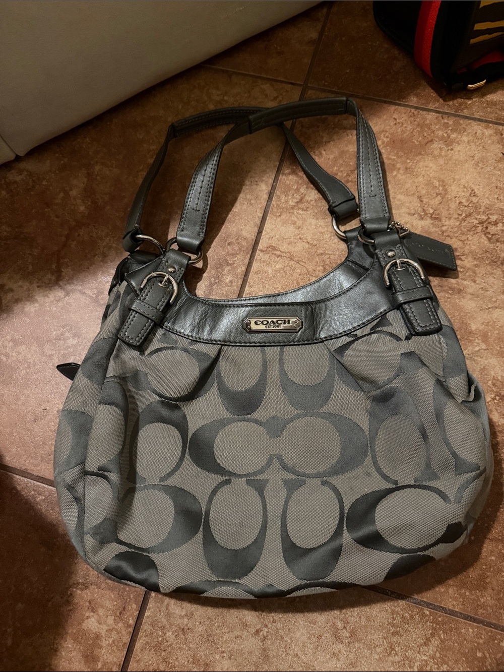 Coach Shoulder Bag in Gray and Black Signature Canvas